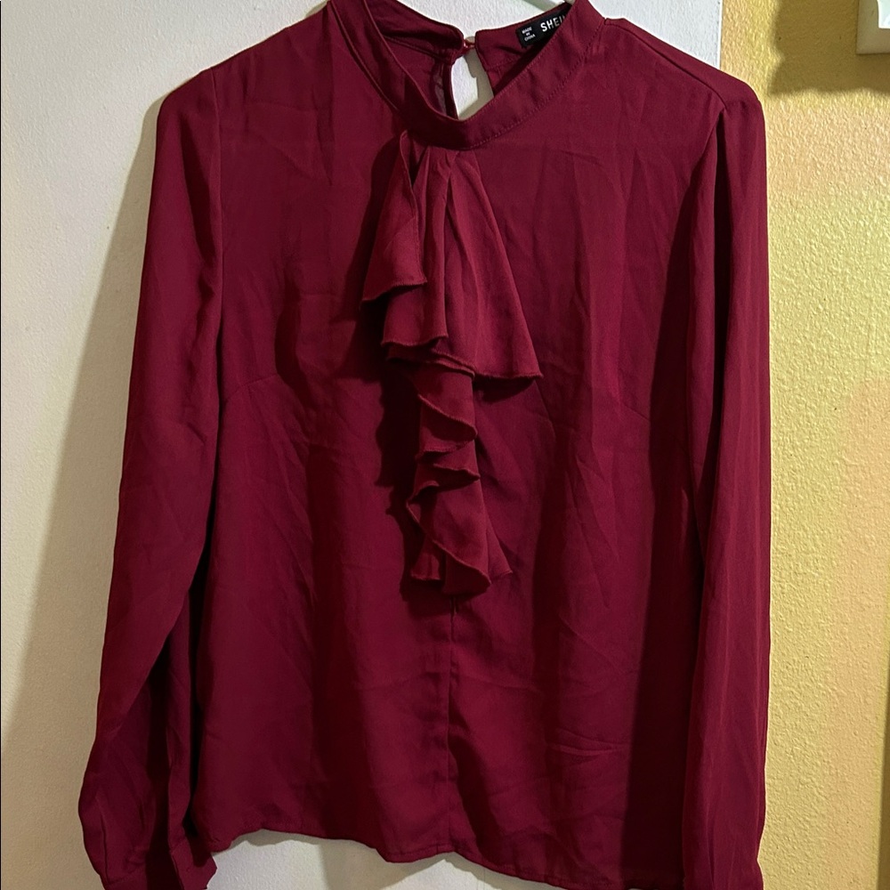 SHEIN Burgundy Ruffle Blouse